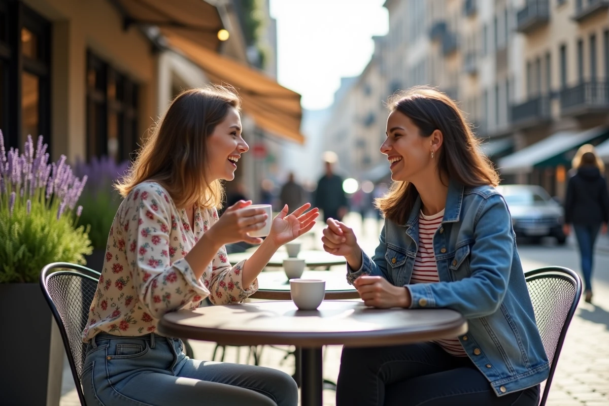 Deux mamans solos qui se retrouvent autour d'un café en terrasse, illustrant la solidarité et le soutien de la communauté mama-bears.fr