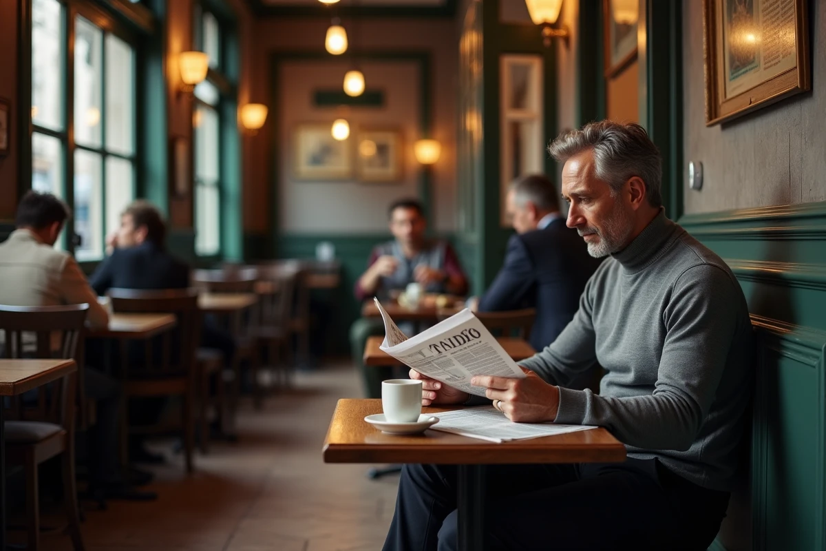 Homme discret et élégant attablé dans un café parisien traditionnel, symbole d'une personnalité loin des médias