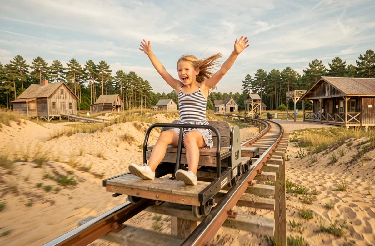 Petite fille enthousiasmée sur les attractions de La Mer de Sable à Ermenonville