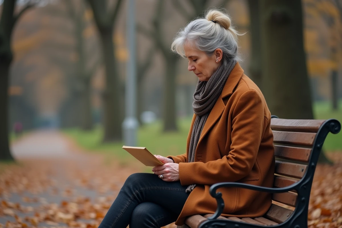 Mère assise sur un banc de parc en automne tenant une lettre non envoyée à sa fille éloignée