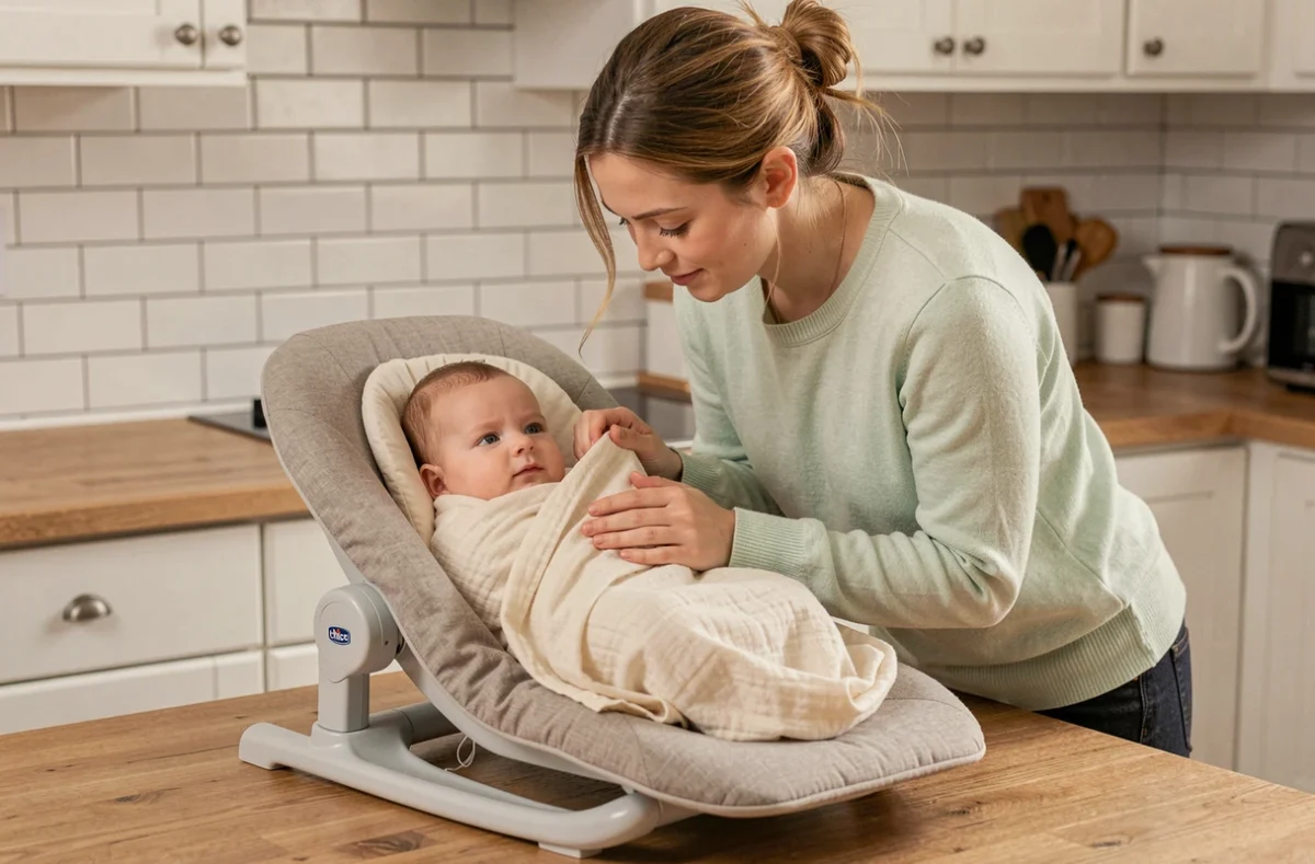 Mère installant son bébé dans le transat Chicco Polly Magic Relax dans une cuisine moderne