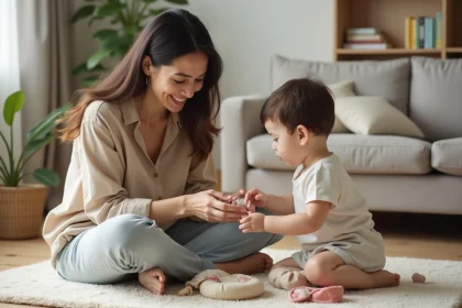 Mère assise sur le sol avec son jeune enfant jouant avec des jouets en tissu dans un salon familial moderne