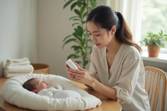 Jeune maman allaitante lisant attentivement l'étiquette d'un répulsif anti-moustique près du berceau de son bébé