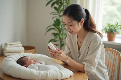 Jeune maman allaitante lisant attentivement l'étiquette d'un répulsif anti-moustique près du berceau de son bébé