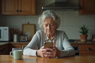 Mère seule dans sa cuisine regardant son téléphone sans nouvelles de sa fille depuis des mois