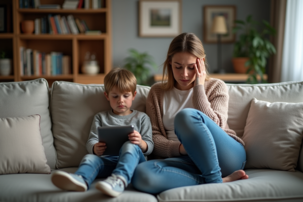 Mère stressée avec son enfant qui joue avec une tablette