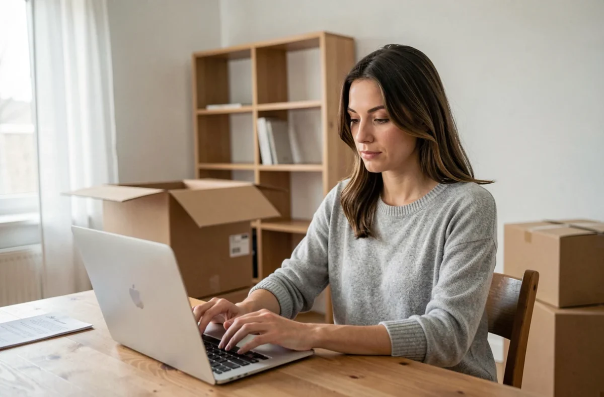 Femme effectuant une mise à jour de son dossier CAF en ligne depuis son appartement nouvellement emménagé entouré de cartons