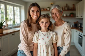 Petite fille de 4 ans avec sa mère et sa grand-mère dans une cuisine, illustrant la ressemblance morphologique familiale héréditaire
