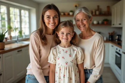 Petite fille de 4 ans avec sa mère et sa grand-mère dans une cuisine, illustrant la ressemblance morphologique familiale héréditaire