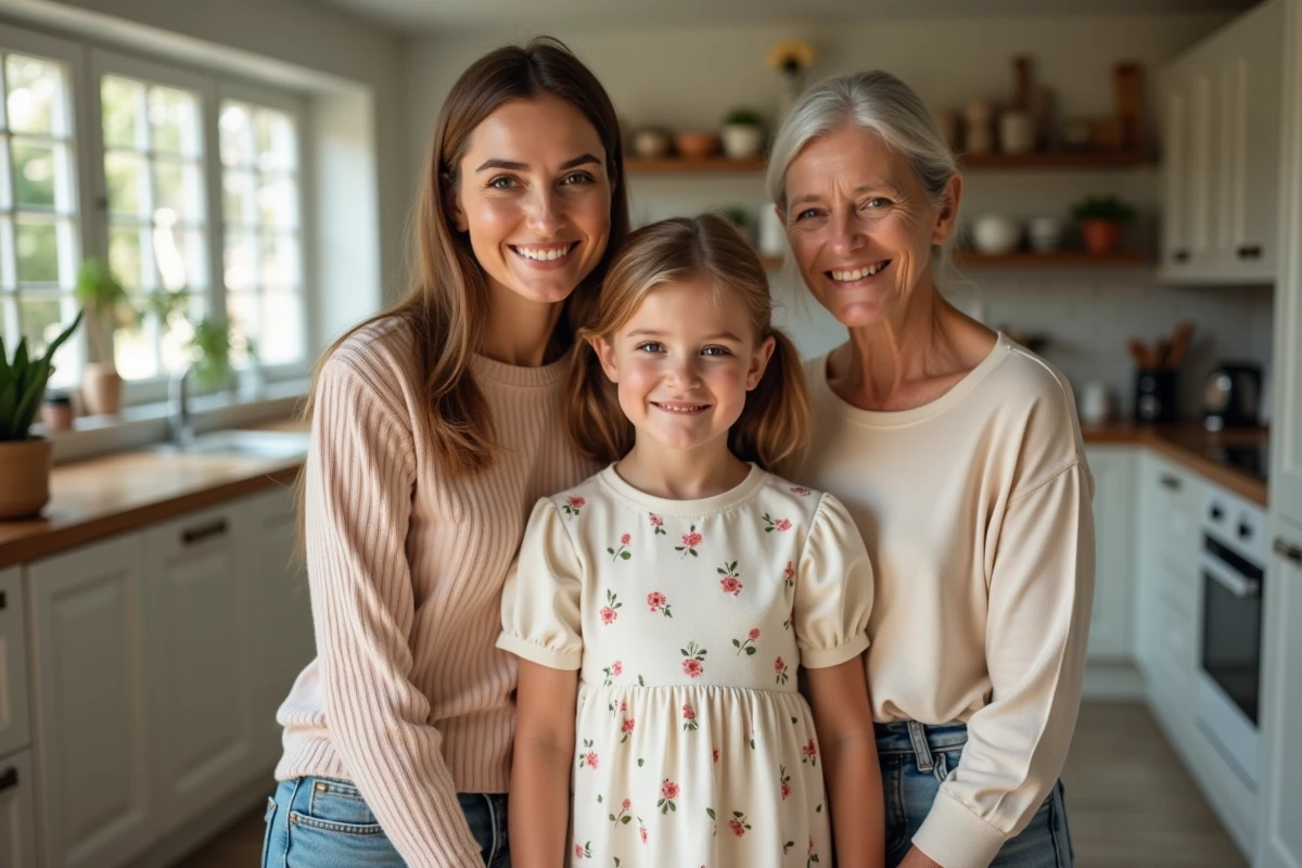 Petite fille de 4 ans avec sa mère et sa grand-mère dans une cuisine, illustrant la ressemblance morphologique familiale héréditaire