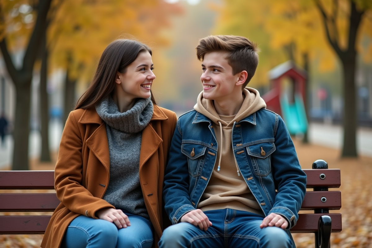 Mère et fils discutant sur un banc dans un parc