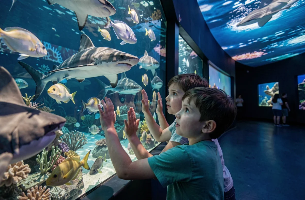 Enfants émerveillés devant les aquariums géants de Nausicaá à Boulogne-sur-Mer