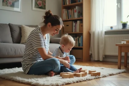 Jeune nounou assise sur un tapis de salon avec un enfant en bas âge jouant avec des cubes en bois, dans un appartement français modeste