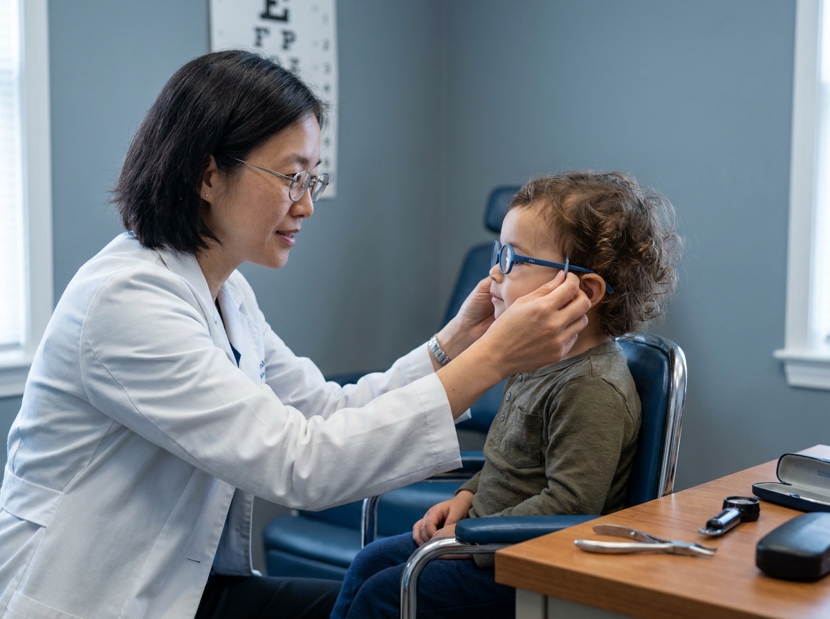 Opticienne ajustant les premières lunettes d'un tout-petit dans un cabinet d'optique pédiatrique moderne