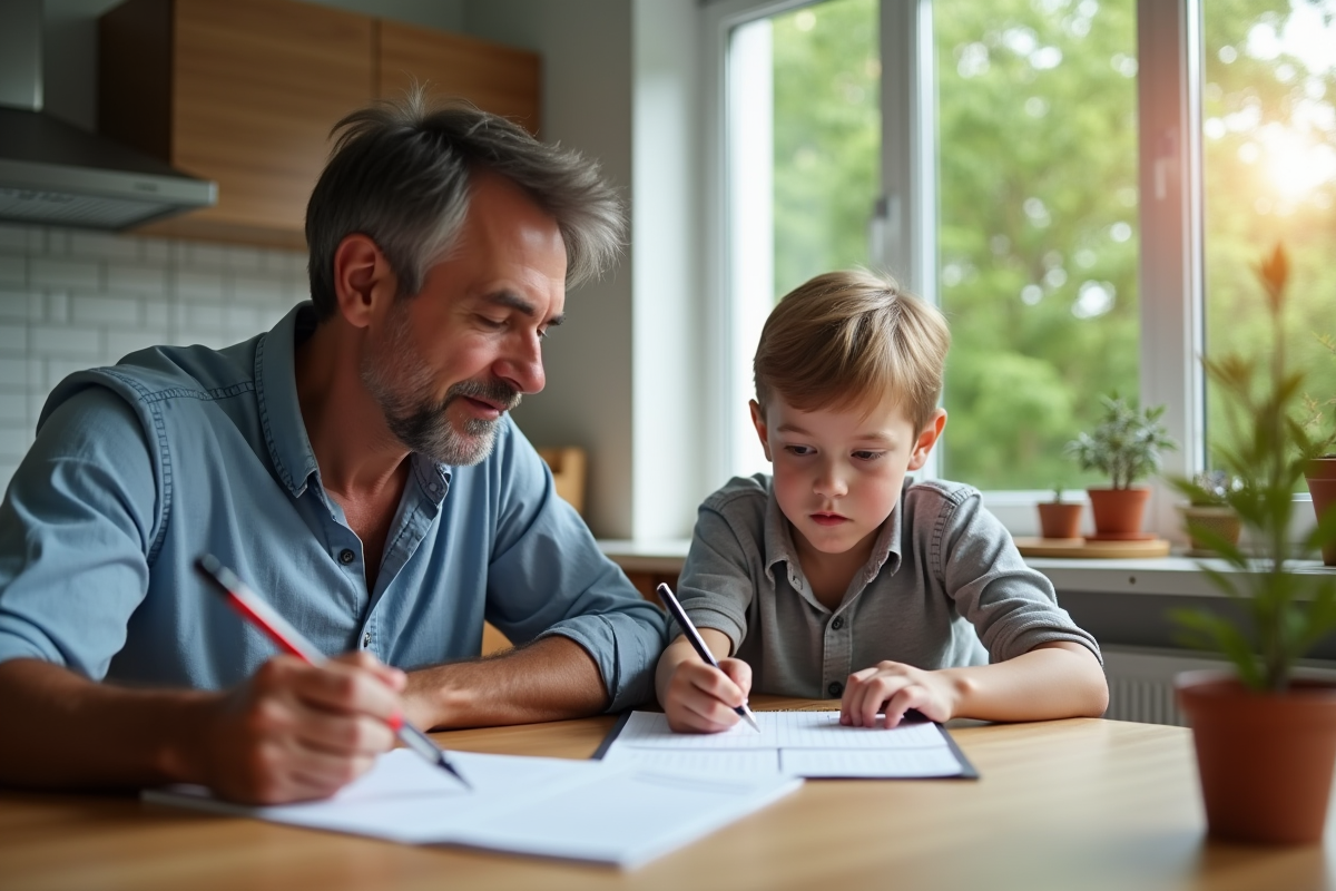 Père aidant son fils avec les devoirs à la cuisine
