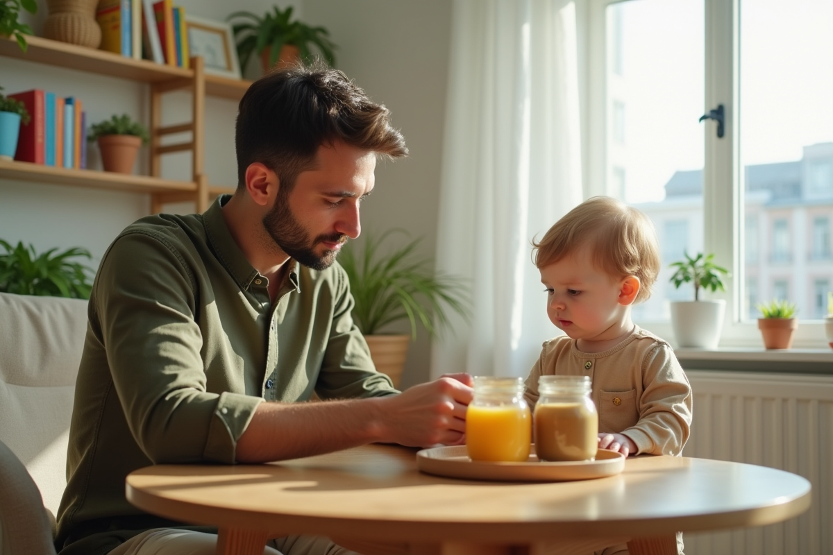 Père et bébé dans un salon lumineux en train d