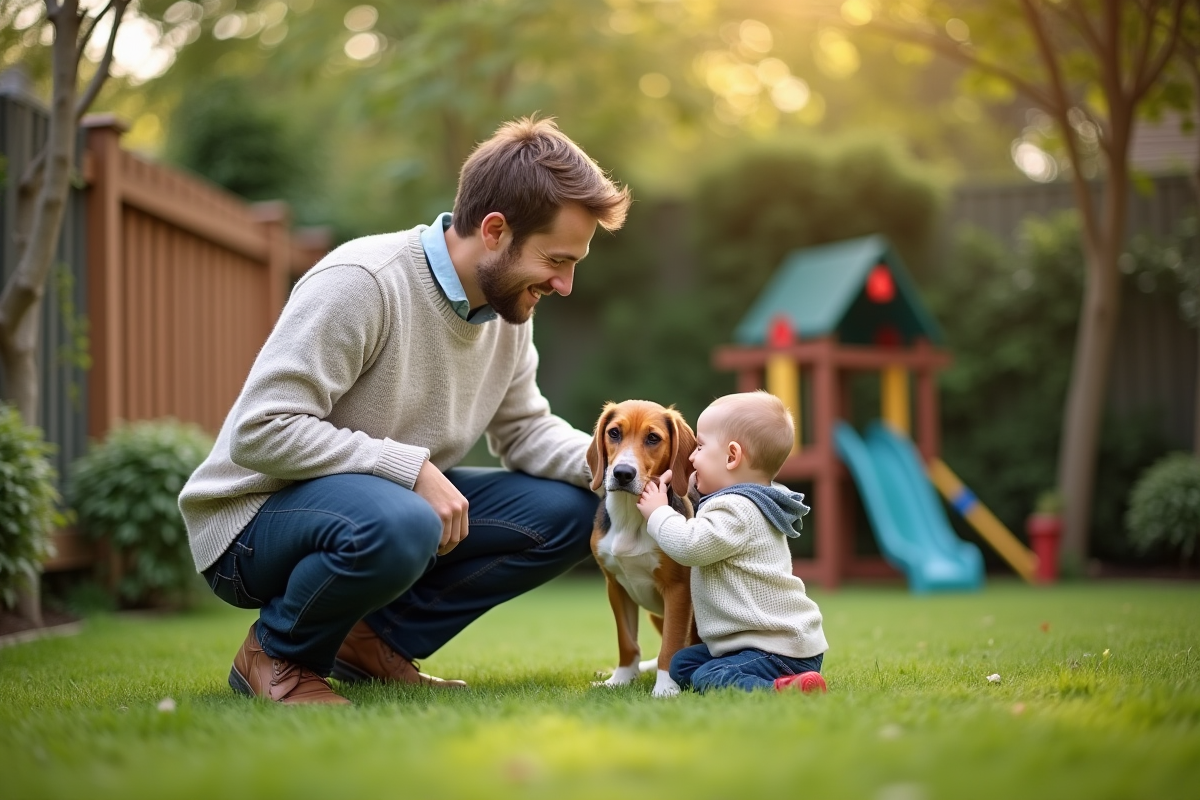 Pere jouant avec son bebe dans un jardin verdoyant