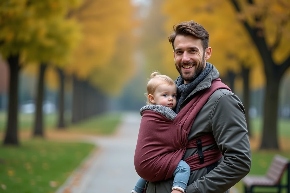 Père avec bébé en sling dans un parc urbain