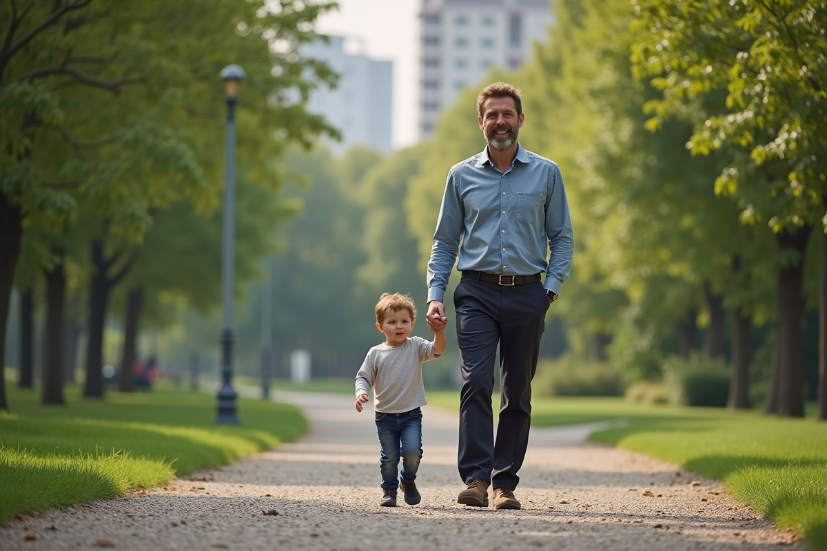 Père et enfant marchant dans un parc urbain verdoyant