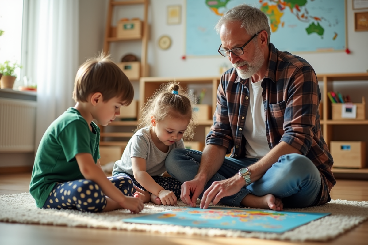 Pere et deux enfants assemblant un puzzle éducatif dans une salle de classe
