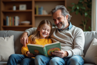 Père et fille lisant un livre dans un salon chaleureux