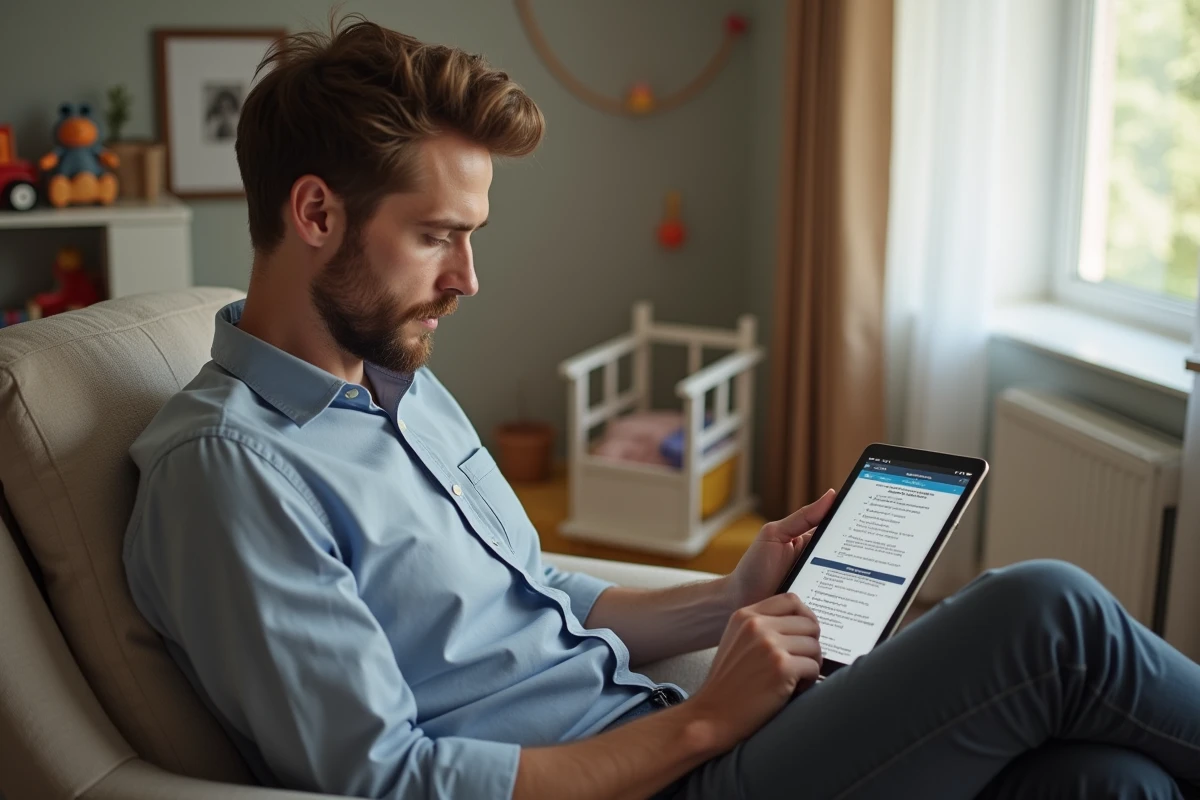 Jeune père utilisant une tablette pour une simulation de congé parental dans un salon familial