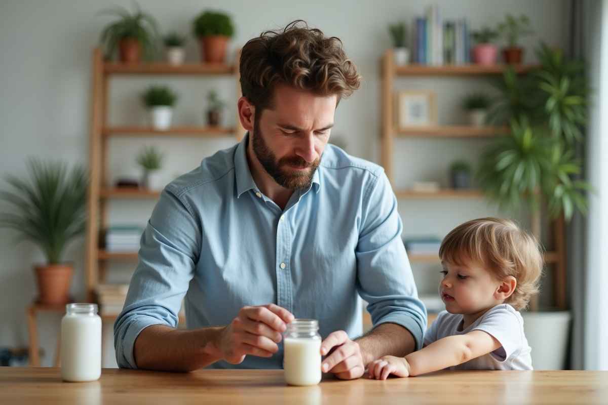 Pere en chemise préparant le lait pour bébé dans un salon familial