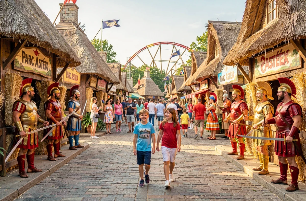 Famille se promenant dans le village gaulois du Parc Astérix à Plailly