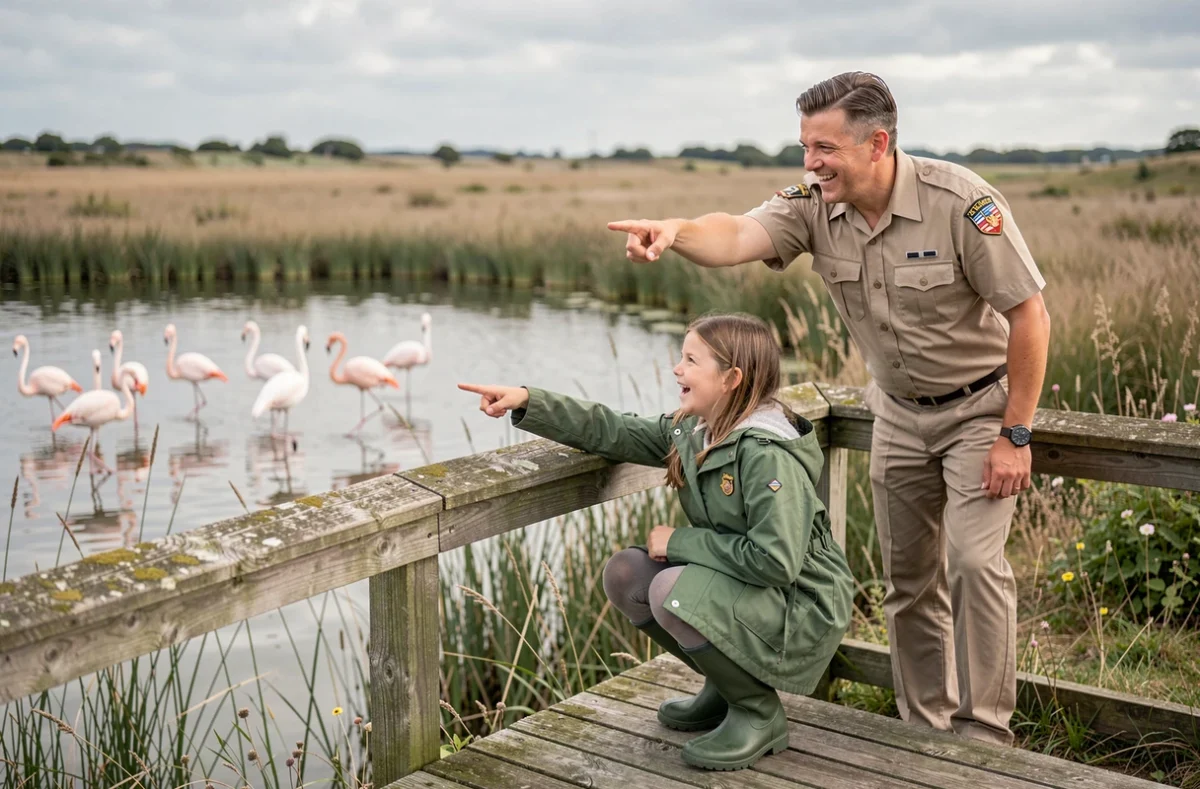 Petite fille observant des flamants roses au Parc Ornithologique du Marquenterre