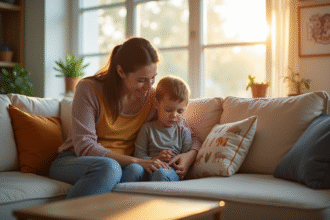 Parent réconfortant un enfant triste dans un salon lumineux