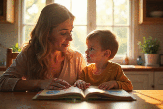 Parent et enfant lisant un livre coloré au matin