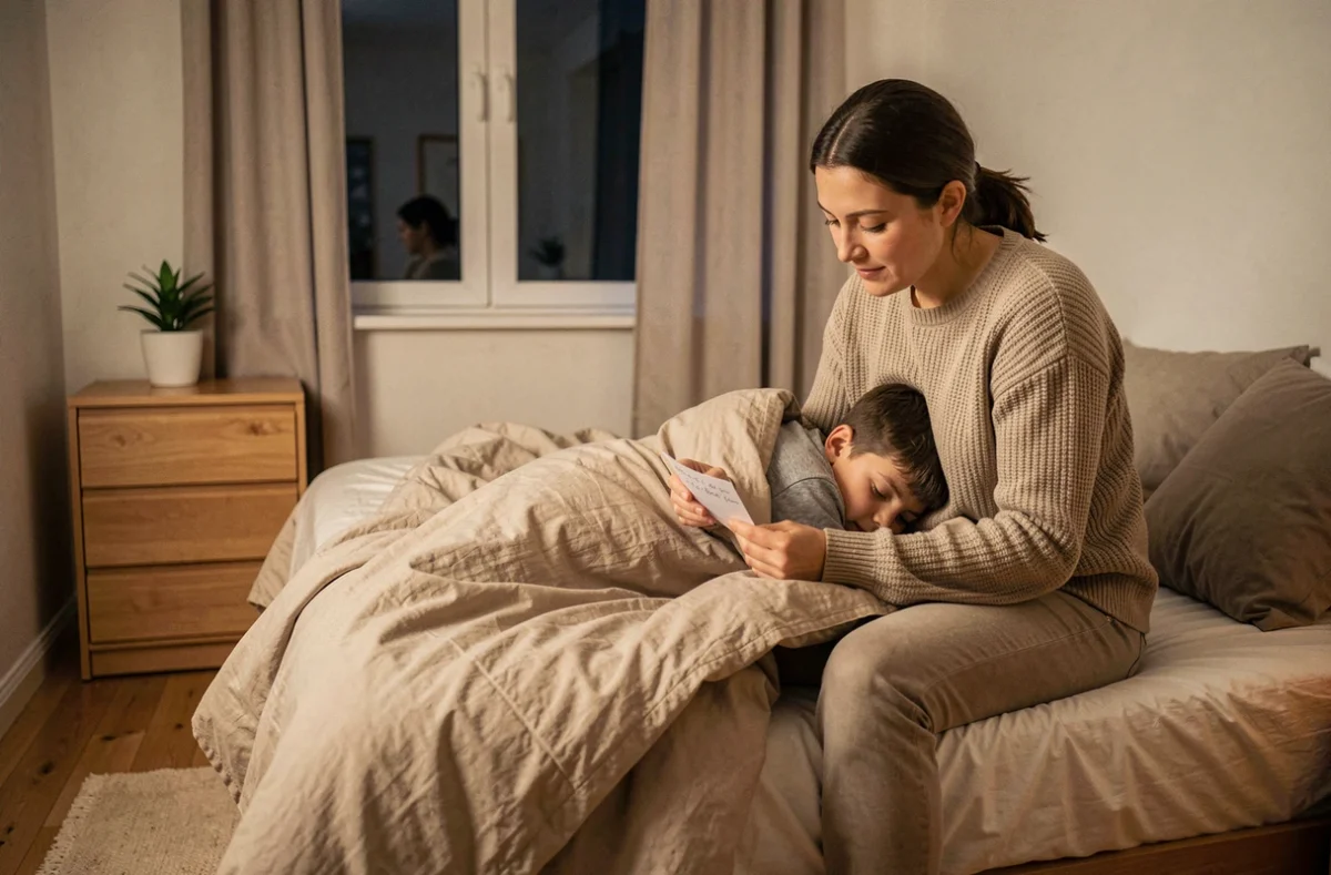 Parent et enfant lisant ensemble la réponse de la petite souris au moment du coucher