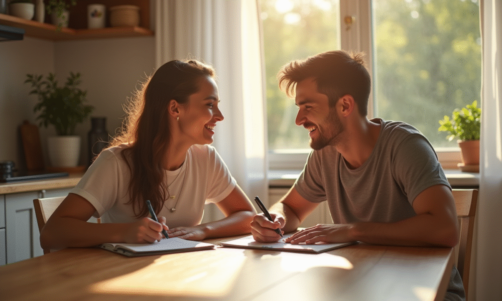 Jeunes parents discutant de noms de bébé à la table
