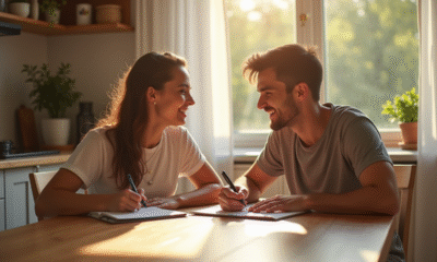 Jeunes parents discutant de noms de bébé à la table