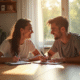Jeunes parents discutant de noms de bébé à la table