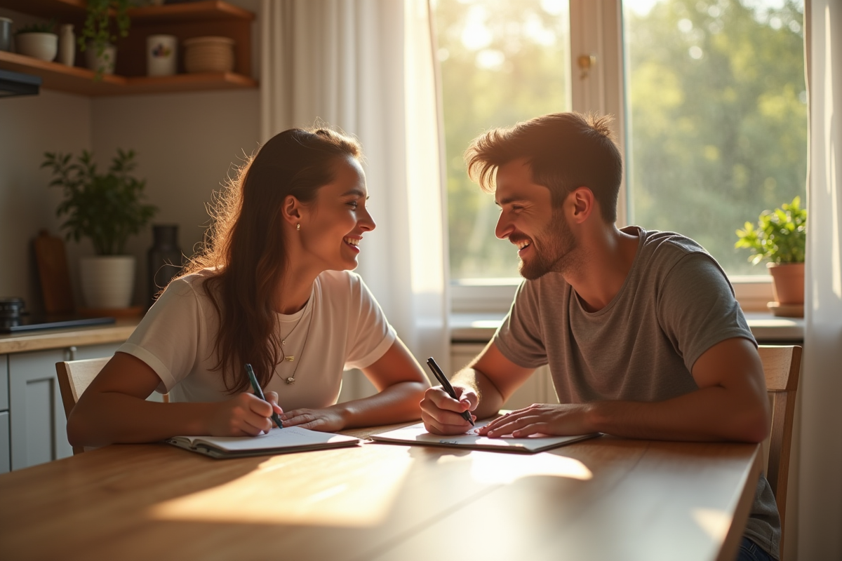 Jeunes parents discutant de noms de bébé à la table