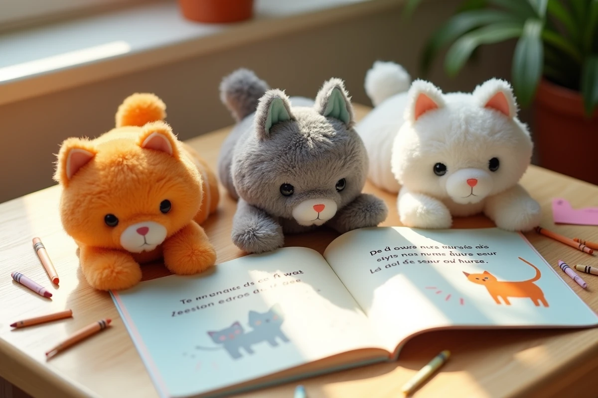 Peluches de chats et livre de comptines illustré pour la chanson Trois petits chats en crèche