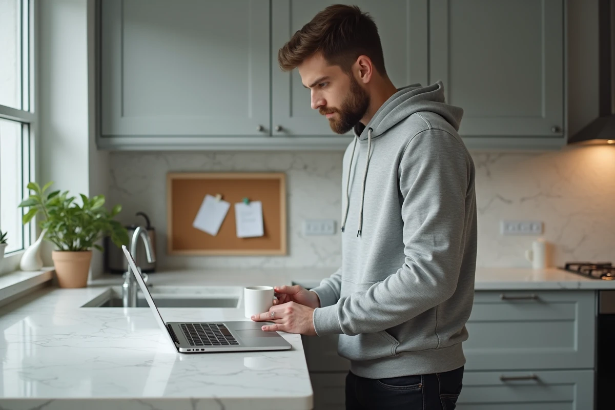Père consultant des avis sur une plateforme de garde d'enfants sur son ordinateur portable dans une cuisine moderne