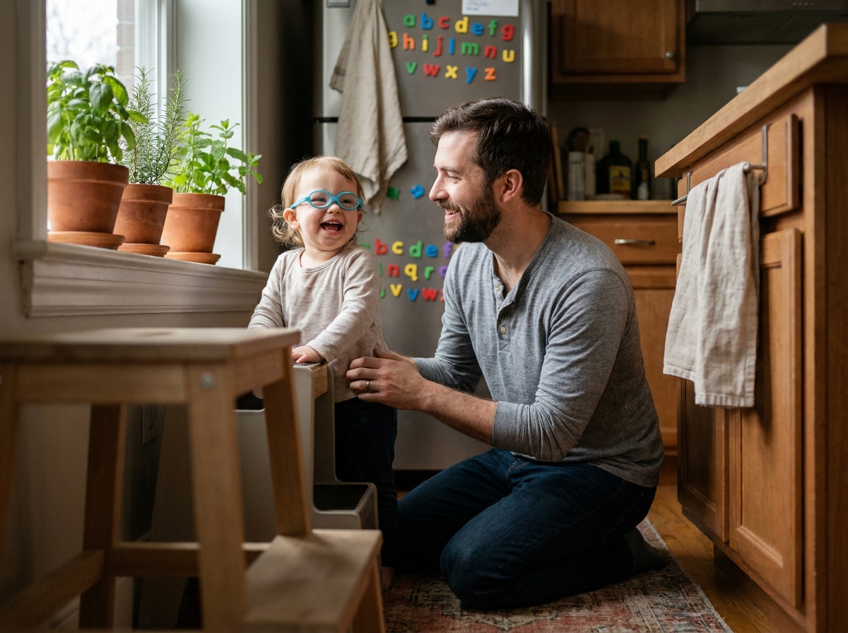 Père agenouillé face à sa petite fille portant ses lunettes bleues d'enfant, moment complice dans une cuisine familiale