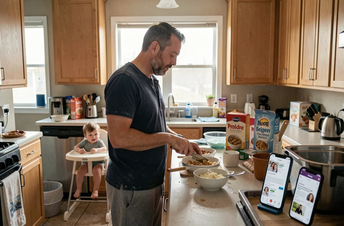 Père non rasé préparant le petit-déjeuner pour son enfant dans une cuisine encombrée au lever du jour, scène de parentalité quotidienne