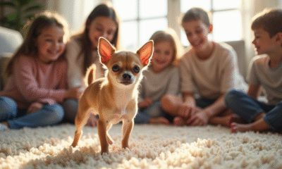 Chihuahua miniature dans un salon avec des enfants qui jouent