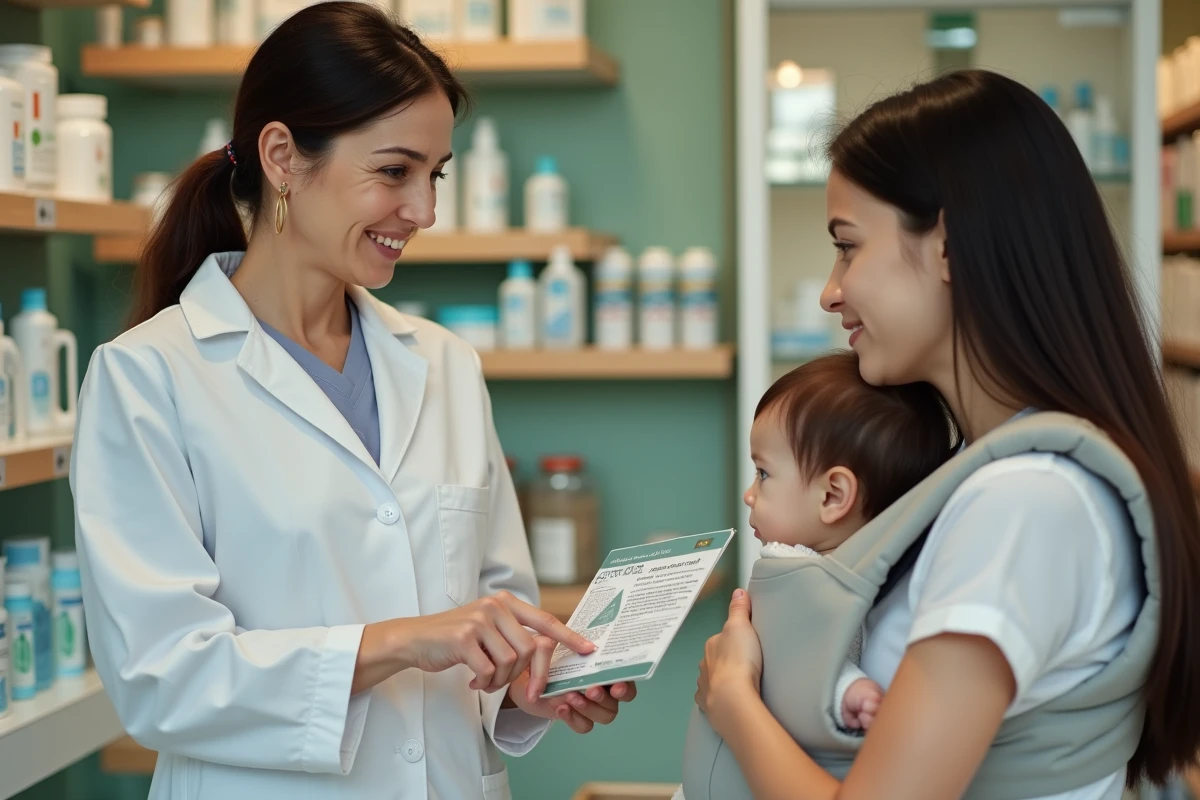 Pharmacienne expliquant la composition d'un répulsif moustique compatible allaitement à une jeune mère portant son bébé en pharmacie