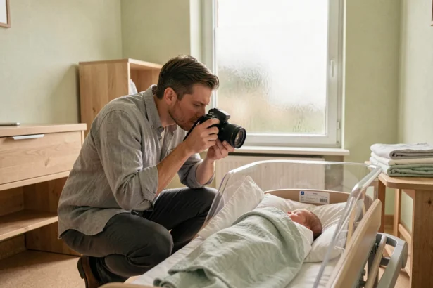 Photographe professionnel en train de capturer un nouveau-né dans une maternité du Nord de la France