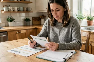 Femme consultant un calendrier scolaire et un agenda de travail pour planifier ses congés selon les vacances scolaires en Angleterre 2026