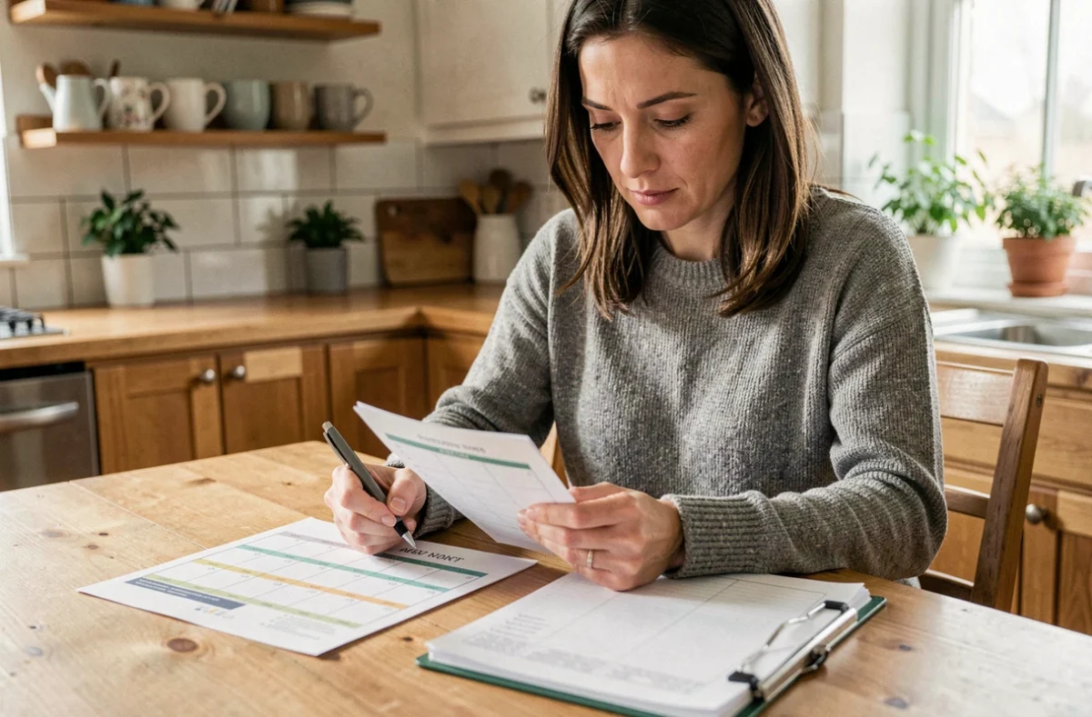 Femme consultant un calendrier scolaire et un agenda de travail pour planifier ses congés selon les vacances scolaires en Angleterre 2026