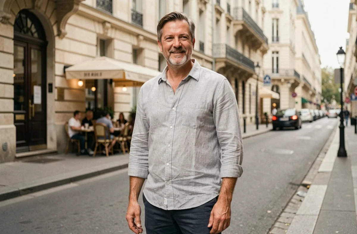 Homme de médias en tenue décontractée dans une rue parisienne, représentant le contraste entre vie privée et vie publique d'un présentateur connu