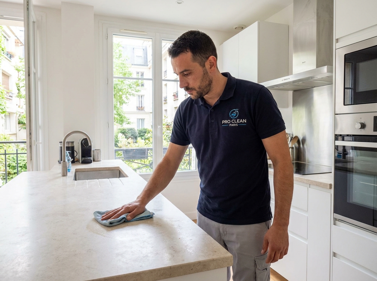 Professionnel du ménage en intervention dans une cuisine moderne et propre, service de nettoyage à domicile Centre Services Compiègne