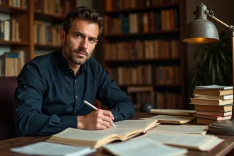 Homme consultant des archives et articles de presse pour retracer l'histoire familiale d'une personnalité médiatique française
