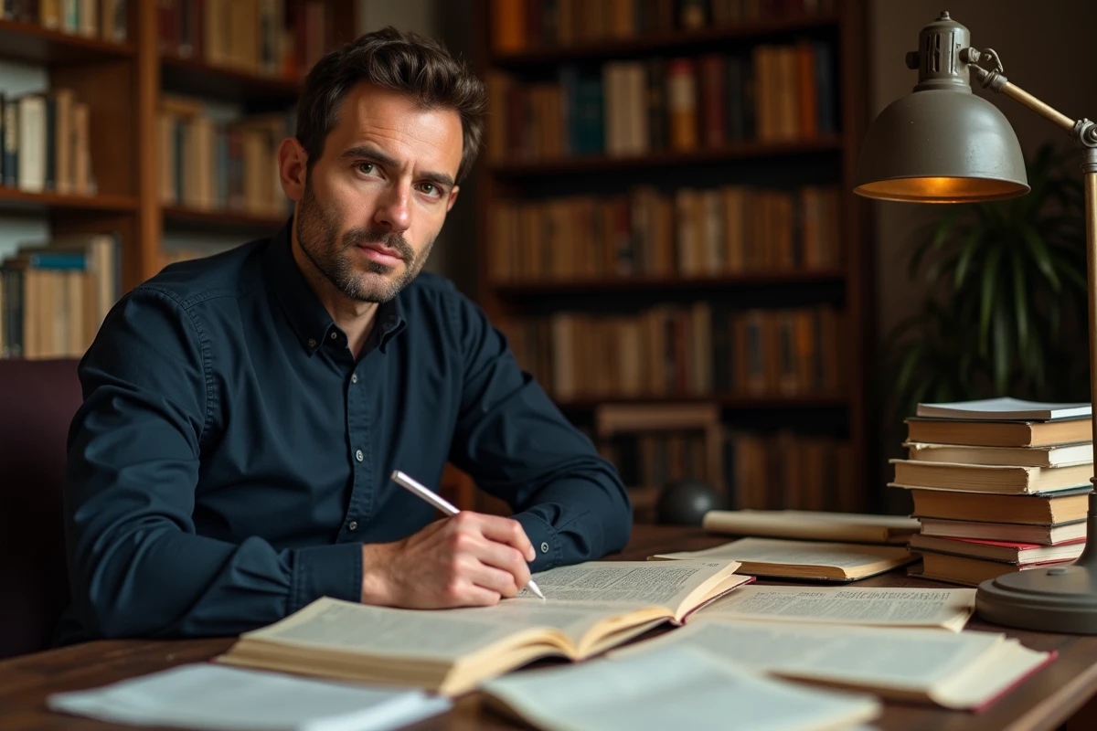 Homme consultant des archives et articles de presse pour retracer l'histoire familiale d'une personnalité médiatique française