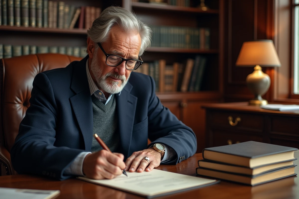 Un homme d'âge mûr rédigeant à la main un testament olographe avec un stylo plume sur un bureau en chêne dans un bureau à domicile classique